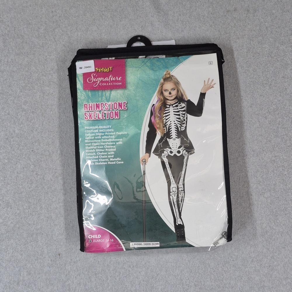 Spirit Girls Costume CHILD X-LARGE 14-16 Black Rhinestone Skeleton Graphic Suit